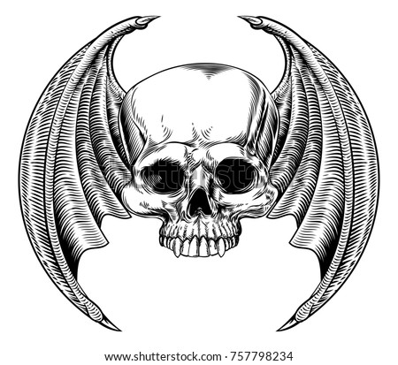 Winged skull with bat or dragon wings drawing in a vintage retro woodcut etched or engraved style