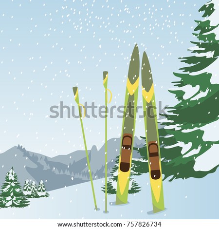 Vector skis and ski poles on a winter background. Snow capped mountains and the fir-tree, snow falling.
