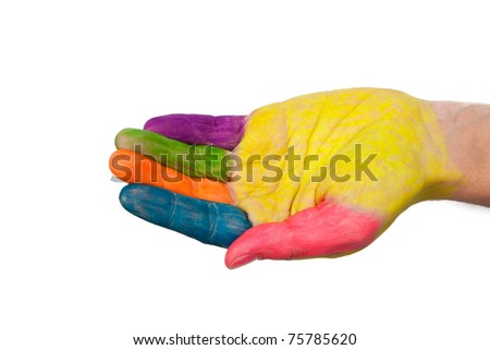 Open empty colored hand held up. Awaiting a gift. Isolated over white