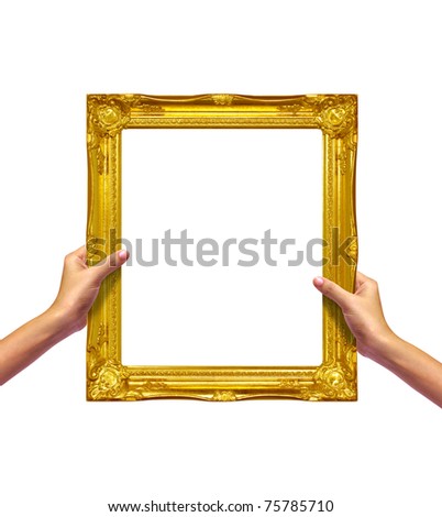 gold frame in woman hand isolated on white background