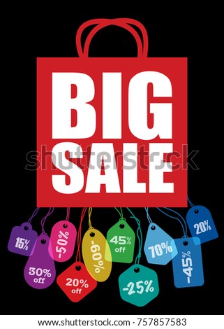 Creative colorful poster for Big Sale. Red shopping bag and colorful price tags. Black Friday design template over black background.