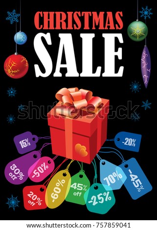 Creative colorful poster for Christmas Sale. Red gift and colorful price tags over black background.