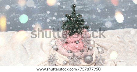 Banner Decorative Christmas tree in a pot. The view from the top