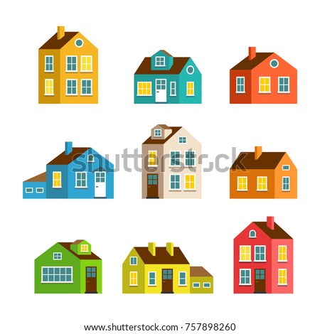 Small and big flat cartoon houses. Isolated vector set. Cute bright children illustration.