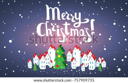 Merry Christmas card with village and show. 