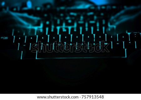 Problem - text on illuminated computer keyboard at night. Internet search concept