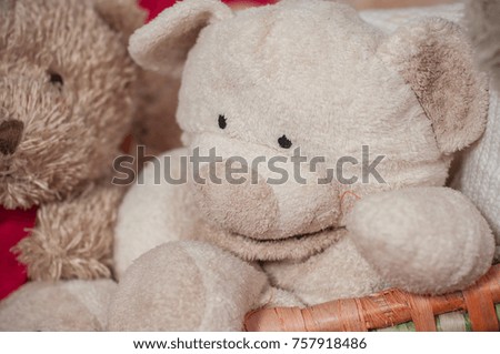 closeup of teddy bear in a wooden basket