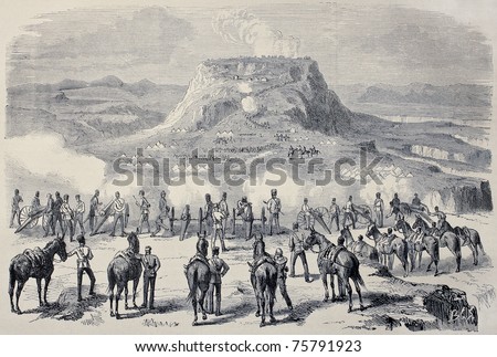 Old illustration of Magdala siege during British Abyssinian expedition. Created by Janet-Lange and Cosson-Smeeton, published on L'Illustration, Journal Universel, Paris, 1868
