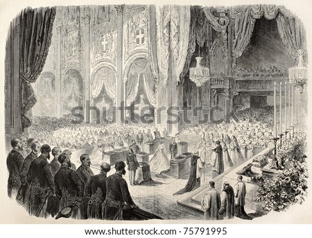 Prince Umberto and Princess Margherita wedding in Turin cathedral, Italy. By Janet-Lange and Cosson-Smeeton, after sketch of Borgomainerio, published on L'Illustration, Journal Universel, Paris, 1868