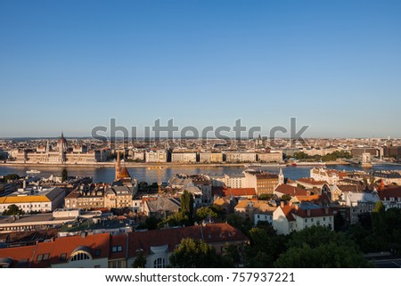 Hungary, Budapest, capital city skyline at sunset, view from Buda to Pest.