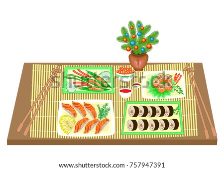 Festive table. New Year bouquet from a Christmas tree. Refined dishes of Japanese national cuisine, seafood, sushi, rolls, fish. Vector illustration.