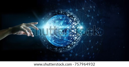 Hand of touching global network connection and data exchanges on the planet earth background, Elements of this image furnished by NASA