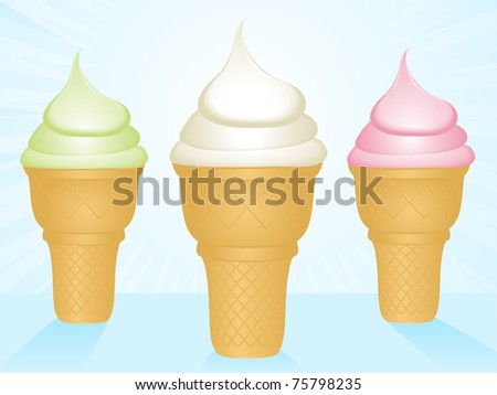 Ice cream cones with vanilla, strawberry and mint ice cream