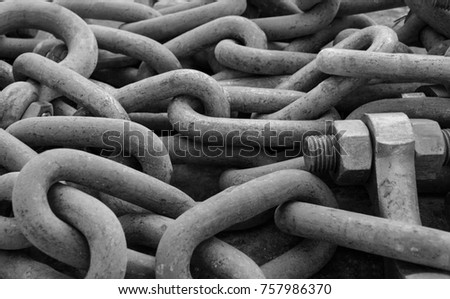 Close up of Anchor chain, Stud link anchor chains, Jumbo chain links, in black and white Royalty-Free Stock Photo #757986370