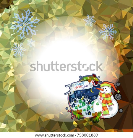 Holiday square christmas card with funny snowman and winter village landscape on a colorful mosaic background. Greeting card. Raster clip art.