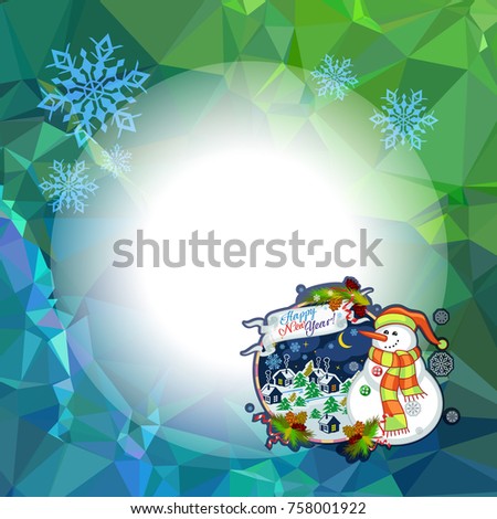 Holiday square christmas card with funny snowman and winter village landscape on a colorful mosaic background. Greeting card. Raster clip art.