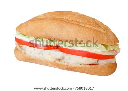 burger baguette with chicken cabbage, tomato and sauce isolated on white background
