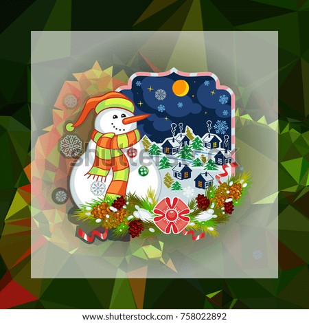 Holiday square christmas card with funny snowman and winter village landscape on a colorful mosaic background. Greeting card. Can be used as a greeting ecard for social networks. Raster clip art.