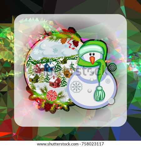 Holiday square christmas card with funny snowman and winter village landscape on a colorful mosaic background. Greeting card. Can be used as a greeting ecard for social networks. Raster clip art.