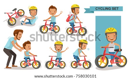 Cycling boy set. Father teaching son. child riding urban bicycle  in helmet. Bike First and Injured leg injury. male road cyclist. Playing the playground. exercise, go to school. Biker culture concept