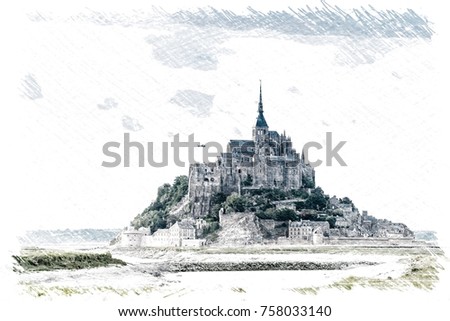 sketch effect picture  of Mont St Michel world famous tourist attraction in Normandy, France - Famous historic place of French culture and heritage
