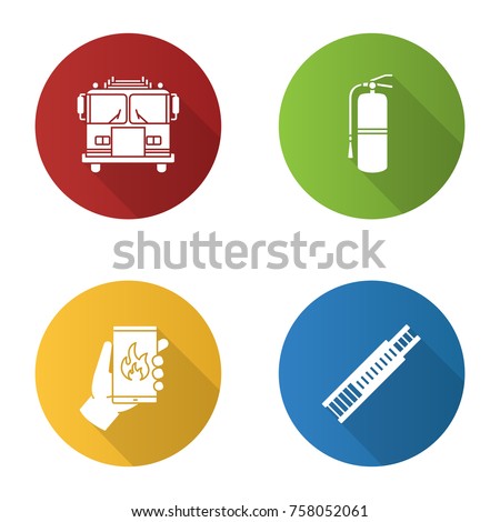 Firefighting flat design long shadow glyph icon. Fire engine, double extension ladder, extinguisher, emergency call. Vector silhouette illustration