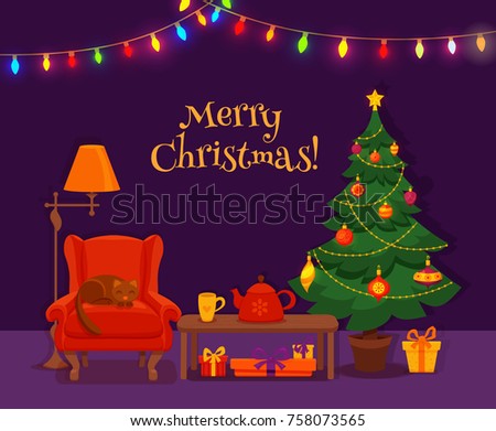 Christmas room interior in colorful cartoon flat. Fir tree, gifts, decoration, arm chair, light bulb chain, floor lamp, table with teapot cup. Cozy noel xmas night celebration vector illustration.