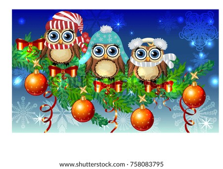 Three owls in caps, scarves, headphones on a spruce branch decorated with balls, garlands. Christmas card