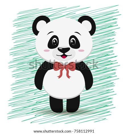 Illustration of a cute panda with a red bow is not neck, in a cartoon style stands isolated on a light background. illustration, a flat design.