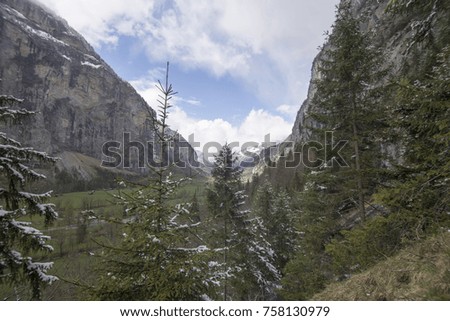 Landscape in Lauterbrunnen Junfrau region Berner Oberland Switzerland Trummelbachfalle cascades