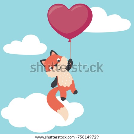 Cute little fox flying with heart shaped balloon