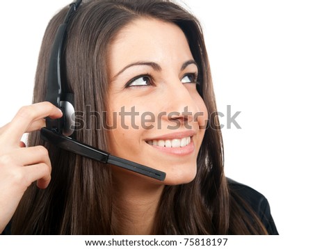 Young beautiful call center female operator portrait isolated on white