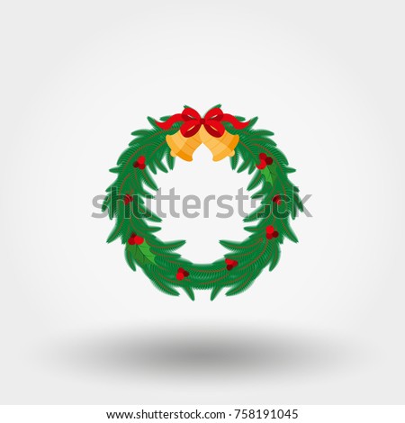 Christmas wreath with holly berries, bells and a red bow. Christmas decoration. Vector illustration on a white background. Can be used for design greeting card, invitation. Flat design style