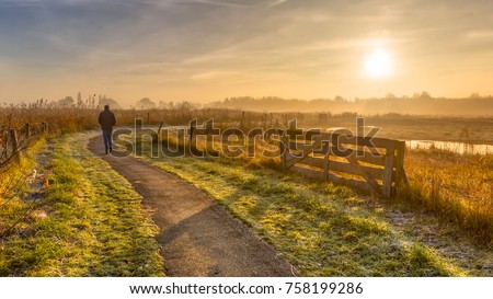 Walking track in misty agricultural polder landscape with pedestrian in distance near Groningen, Netherlands Royalty-Free Stock Photo #758199286