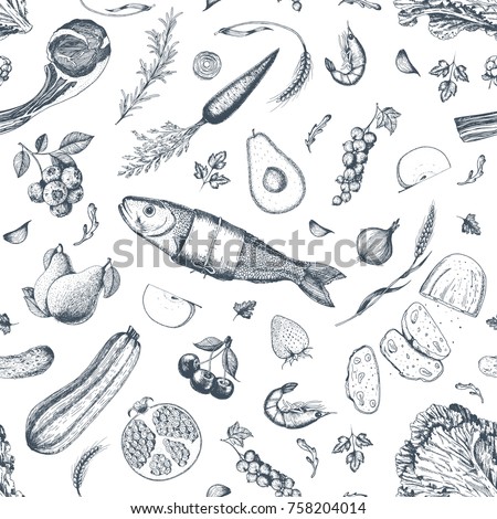 Healthy food seamless pattern. Hand drawn vector illustration. Background with vegetables, fruits and meat. Organic food set