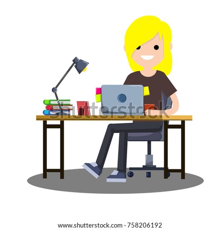 cartoon flat illustration - young blond girl in dark clothes sits on a chair at the table with books, lamp, laptop,
