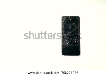 Broken glass screen of mobile phone isolated. Smartphone drop to the floor. Crash of protect glass.