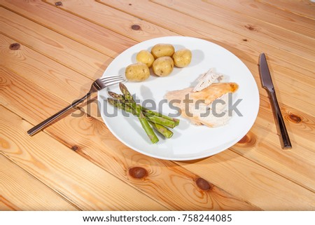 Bland healthy organic chicken dinner. Boring low calorie diet food. Quick easy and nutritional lunch served on a white plate. Royalty-Free Stock Photo #758244085