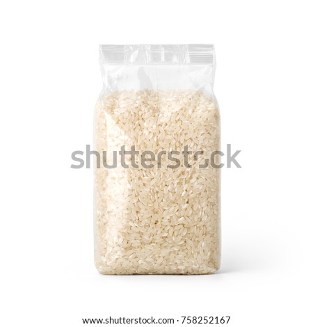 Rice in transparent plastic bag isolated on white background. Packaging template mockup collection. With clipping Path included. Stand-up Front view. Royalty-Free Stock Photo #758252167