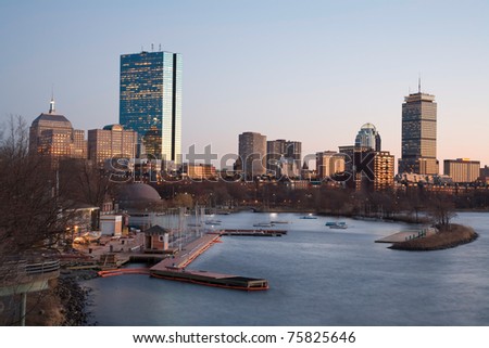 Back Bay skyline with the Charles River in the for-ground. The tallest building is the John Hancock Tower. Located in Boston, Massachusetts, USA.