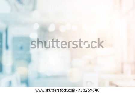 Abstract blurry perspective home light inside window restaurant glass reflected room morning background lifestyle food store banner design, blur city white bokeh, breakfast hotel bar, soft dream spa Royalty-Free Stock Photo #758269840