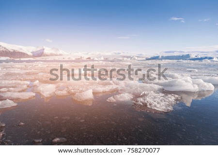 Ice winter season lagoon with blue sky background, Iceland natural landscape background