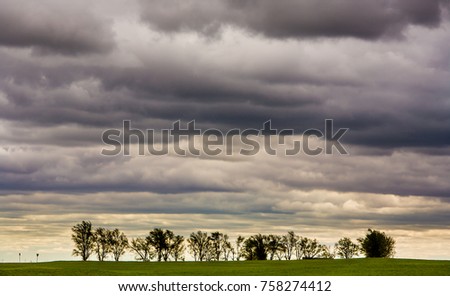A wheat field with trees silhouetted on the skyline with a threatening sky, 40 miles west of Oklahoma City.