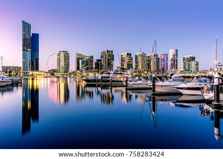 Yara River in Sunset and Clear Sky at Dockland, Melbourne, Australia Royalty-Free Stock Photo #758283424