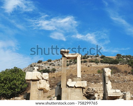 View over the roman pillars in the ruins of Ephesus, Selcuk, Izmir, Turkey ,beautiful blue sky