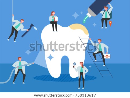 Small doctors who treat giant teeth like cures. poster concept vector illustration flat design