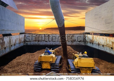 bulldozers pushing bulk wood chips loading into a large vessel by a conveyor with sunset view.