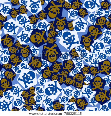 Seamless pattern. Simple images of skulls with bones on pentagons chaotically scattered. Fashionable five-color camouflage.