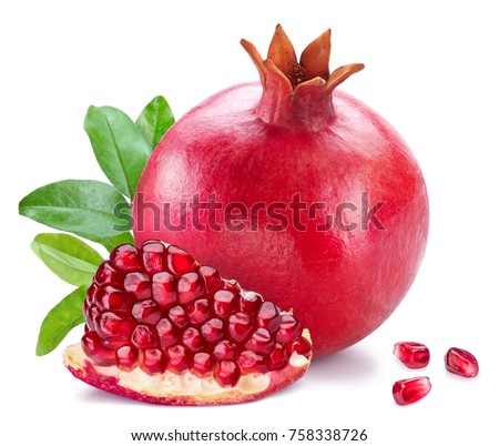 Ripe pomegranate fruits with pomegranate leaves on the white background. Royalty-Free Stock Photo #758338726