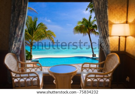 Hotel room and tropical landscape - vacation concept background
